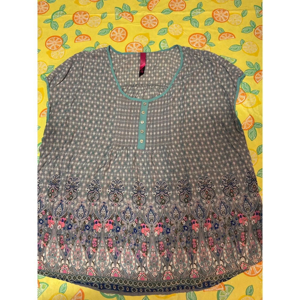 Pure Energy Blouse Womens 4 Grey Blue Pink Mixed Print Sleeveless Top